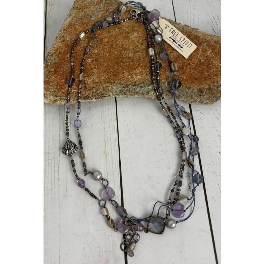Peyote Bird‎ Free Spirit Amethyst Pearl Sterling Silver Beaded Cross Necklace